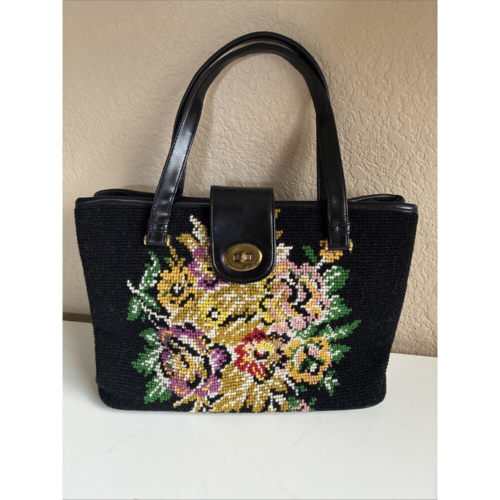 Vintage 1950s Needlepoint Carpetbag Handbag Tapestry Floral Shoulder Bag Purse